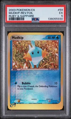 2003 POKEMON EX RUBY & SAPPHIRE #59 MUDKIP-REVERSE FOIL PSA 5 - Image 1