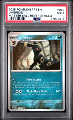 2025 POKEMON PRE EN-PRISMATIC EVOLUTIONS MASTER BALL REVERSE HOLO UMBREON PSA 9 - Image 1