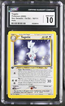 CGC 10 GEM MINT 2000 POKEMON NEO GENESIS 1ST EDITION TOGETIC 16/111 HOLO RARE - Image 1