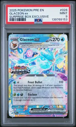 2025 POKEMON PRE EN-PRISMATIC EVOLUTIONS SURPRISE BOX EXCLUSIVE GLACEON EX PSA 9 - Image 1