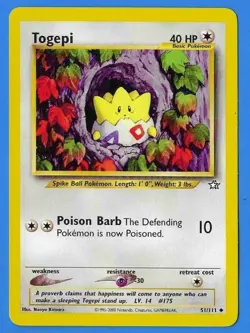 2000 Wizards Pokemon Neo Genesis Unlimited Togepi 51/111 Non-Holo NM - Image 1
