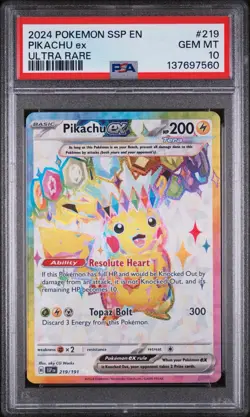 2024 POKEMON SSP EN-SURGING SPARKS ULTRA RARE #219 PIKACHU EX PSA 10 - Image 1