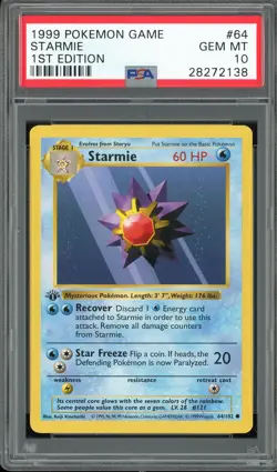 PSA 10 Starmie 1st Edition Base Set Shadowless 64/102 Pokemon Card - Image 1