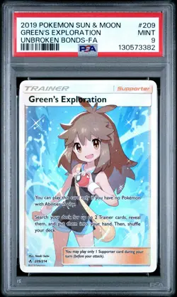 2019 POKEMON SUN & MOON UNBROKEN BONDS #209 FULL ART/GREEN'S EXPLORATION PSA 9 - Image 1