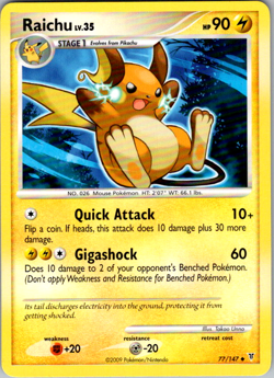 Raichu 77/147 2009 Supreme Victors Set Pokemon Card TCG Non Holo Uncommon - VLp - Image 1