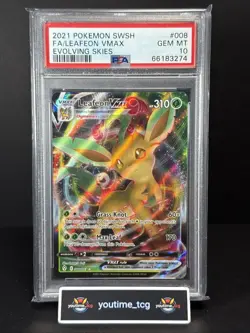 2021 Pokemon Sword & Shield Evolving Skies Fa Leafeon Vmax #008 PSA 10 - Image 1