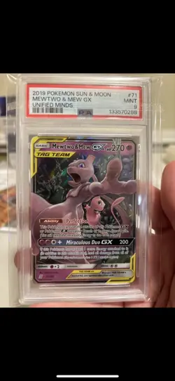 Pokemon 2019 Mewtwo & Mew GX 71/236 Unified Minds TAG TEAM Ultra Rare Holo PSA 9 - Image 1