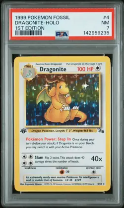 1999 POKEMON FOSSIL 1ST ED #4 DRAGONITE-HOLO PSA 7 - Image 1