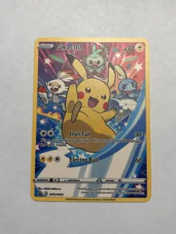 Pikachu SWSH020 Gold Metal Fan Art Card Promo Sword & Shield Ultra Rare Holo New - Image 1