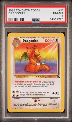 1999 Pokemon Fossil #19 Dragonite PSA-8 NM-MT - Image 1