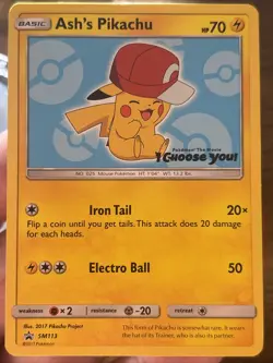 Pokemon Ash's Pikachu SM113 Promo Basic Card 70HP Regular Finish 2017 - Image 1