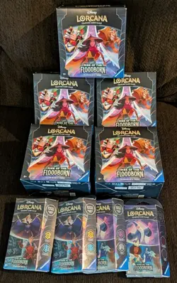 Disney Lorcana Rise Of The Floodborn Lot 5 Illumineer's Trove & 4 Starter Decks - Image 1