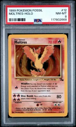 1999 Pokemon TCG Fossil Unlimited Moltres Holo #12/62 PSA 8 NM-MT - Image 1