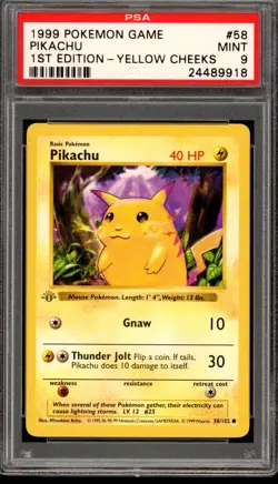 1999 Pokemon 1st Edition Base Pikachu Yellow Cheeks PSA 9 Mint - Image 1