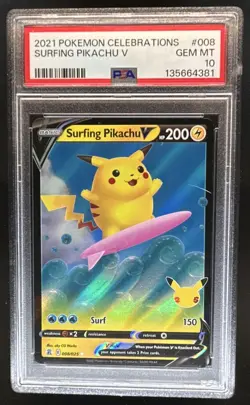 2021 Pokemon SWSH Celebrations Surfing Pikachu V #008/025 PSA 10 - Image 1