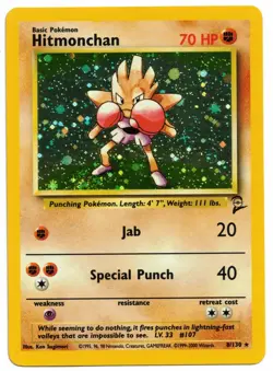 Pokemon Card: Hitmonchan HOLO 8/130 Base Set 2 Rare Swirl! EX - Image 1