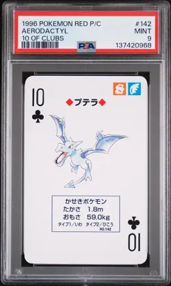 1996 POKEMON RED VERSION PLAYING CARDS 10 OF CLUBS #142 AERODACTYL PSA 9 - Image 1