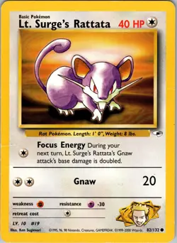 Pokemon TCG Lt. Surge's Rattata Gym Heroes 82/132 Unlimited Common Card WOTC MP - Image 1