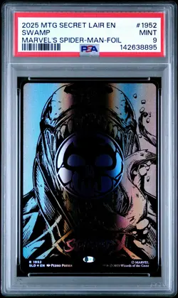 2025 MTG SECRET LAIR DROP MARVEL'S SPIDER-MAN: MANA SYMBIOTE-FOIL SWAMP PSA 9 - Image 1