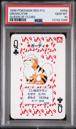 1996 POKEMON RED VERSION PLAYING CARDS QUEEN OF CLUBS #058 GROWLITHE PSA 10 - Image 1