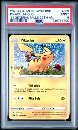 2020 POKEMON SWSH GENERAL MILLS 25TH ANNIVERSARY PROMO #039 PIKACHU-HOLO PSA 9 - Image 1
