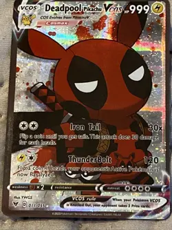 Pokemon TCG Deadpool as Pikachu VCOS Cosplay Custom Full Art Holographic Card - Image 1