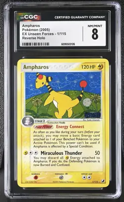 CGC 8 Ampharos 1/115 Reverse Holo EX Unseen Forces Pokemon Card - Image 1