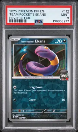 2025 POKEMON DRI EN-DESTINED RIVALS REVERSE HOLO #112 TEAM ROCKET'S EKANS PSA 9 - Image 1