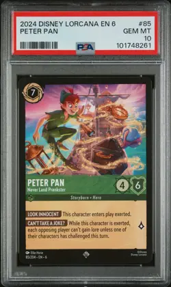 2024 DISNEY LORCANA EN 6-AZURITE SEA #85 PETER PAN - NEVER LAND PRANKSTER PSA 10 - Image 1