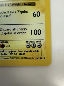 1999 Pokemon Zapdos 016/102 Base Set Shadowless Holo Trading Card Game TCG - Image 4