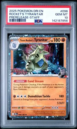 2025 Pokemon Destined Rivals DRI En Rocket's Tyranitar Prerelease #096 PSA 10 - Image 1