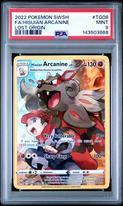 2022 POKEMON SWORD & SHIELD LOST ORIGIN #TG08 FULL ART/HISUIAN ARCANINE PSA 9 - Image 1