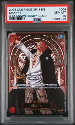 2025 ONE PIECE OP13-CARRYING ON HIS WILL 3RD ANV-GOLD #004 SHANKS PSA 10 - Image 1