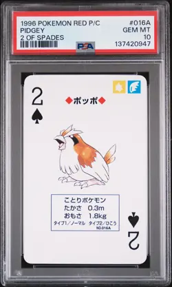 1996 POKEMON RED VERSION PLAYING CARDS 2 OF SPADES #016A PIDGEY PSA 10 - Image 1