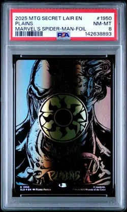 2025 MTG SECRET LAIR DROP MARVEL'S SPIDER-MAN: MANA SYMBIOTE-FOIL PLAINS PSA 8 - Image 1