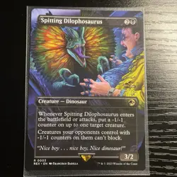 Spitting Dilophosaurus Borderless Card, Jurassic World MTG, Near Mint Condition - Image 1