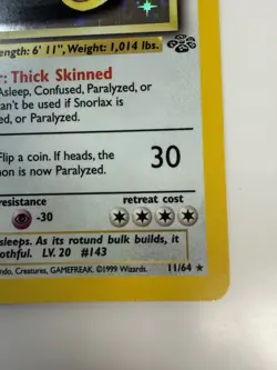 1999 Pokemon Snorlax 11/64 Jungle Holo 1st Edition First Trading Card Vintage - Image 4