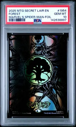 2025 MTG SECRET LAIR DROP MARVEL'S SPIDER-MAN: MANA SYMBIOTE-FOIL FOREST PSA 10 - Image 1