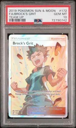 2019 POKEMON SUN & MOON TEAM UP 172/181 FULL ART/BROCK'S GRIT PSA 10 - Image 1