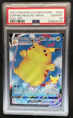 2021 Pokemon SWSH Celebrations Surfing Pikachu VM Full Art #009/025 PSA 10 - Image 1