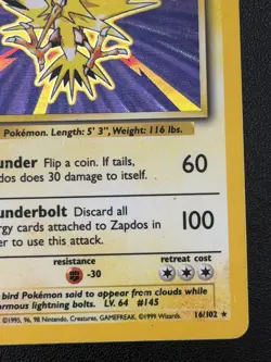 1999 Pokemon Base Set Zapdos 16/102 Holo Rare Unlimited WOTC - Image 4
