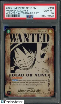 PSA 10 2025 One Piece OP13 EN Wanted Alt Art #118 Monkey D. Luffy GEM MINT - Image 1