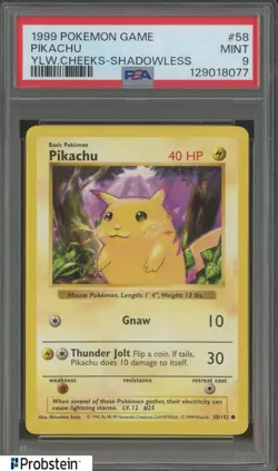1999 Pokemon Game Shadowless #58 Pikachu Yellow Cheeks PSA 9 MINT - Image 1
