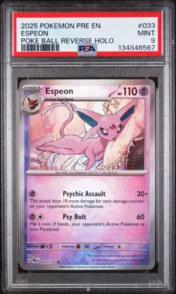 PSA 9 2025 POKEMON PRE EN-PRISMATIC EVOLUTIONS POKE BALL REVERSE HOLO ESPEON 033 - Image 1