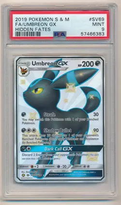 2019 POKEMON SUN & MON HIDDEN FATES UMBREON GX #SV69 PSA 9 MINT - Image 1
