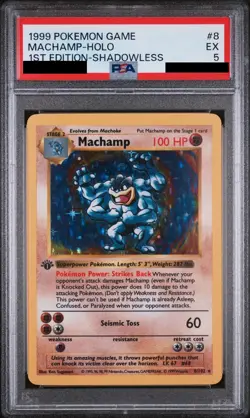 1999 POKEMON BASE SET 1ST EDITION-SHADOWLESS #8 MACHAMP-HOLO PSA 5 - Image 1