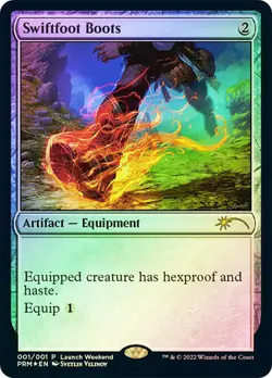 Magic The Gathering MTG SWIFTFOOT BOOTS FOIL Game Day 2022 Promo NM - Image 1