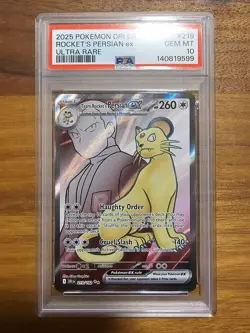 😺2025 POKEMON DRI EN-DESTINED RIVALS ULTRA RARE TEAM ROCKET'S PERSIAN EX PSA 10 - Image 1