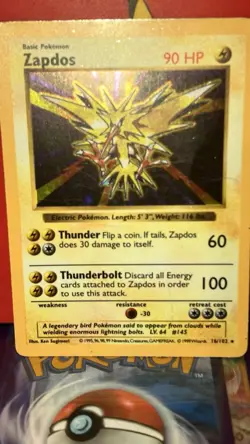 Pokemon TCG Zapdos Base Set Holo Shadowless Rare Card 16/102 MP Condition - Image 2