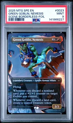 2025 MTG MARVEL'S SPIDER-MAN ETERNAL BORDERLESS-FOIL GREEN GOBLIN, NEMESIS PSA 9 - Image 1